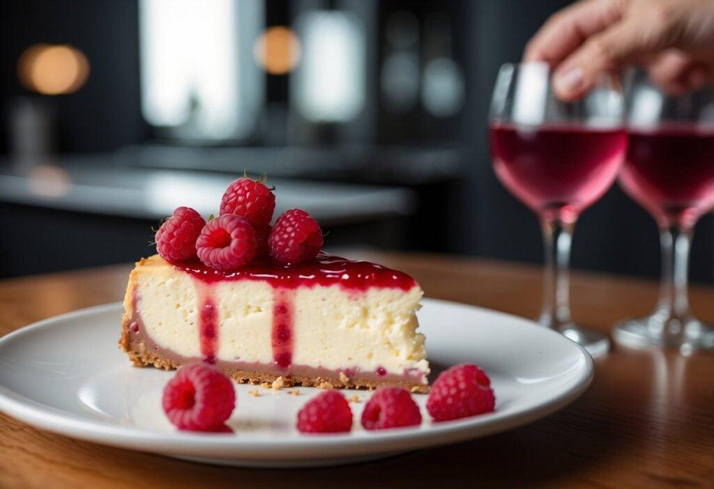 A slice of red wine cheesecake garnished with raspberries