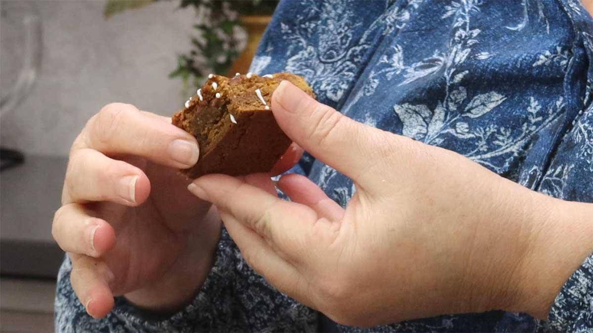 a hand holding a gingerbread brownie with cream cheese swirl
