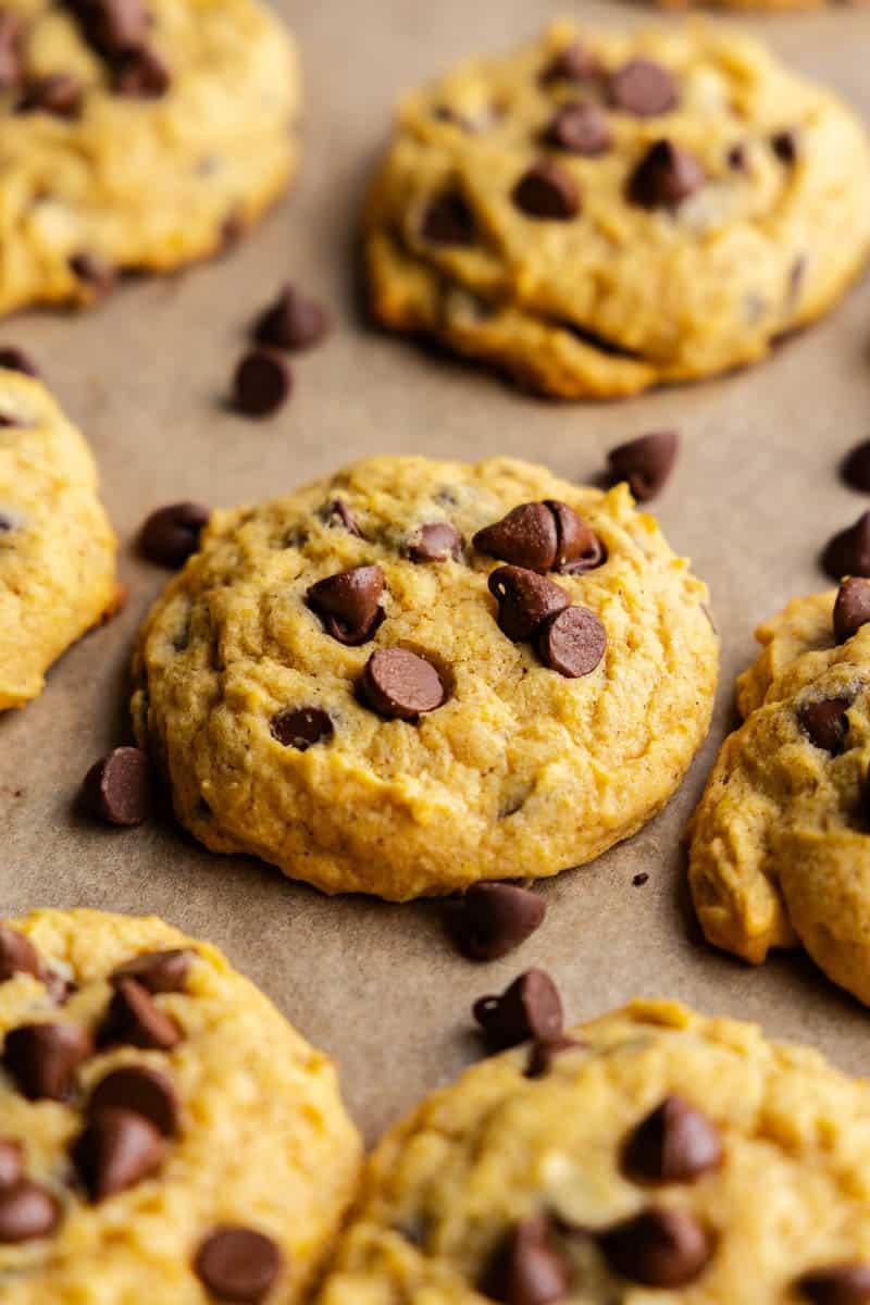 close-up of pumpkin chocolate chip cookies on a baking sheet with a fall-themed background