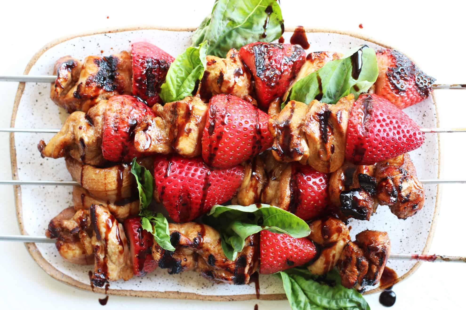 Strawberry Balsamic Chicken Souvlaki on a grill