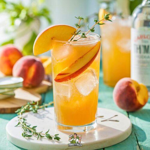 A person enjoying a Peach Thyme Fizz cocktail outdoors