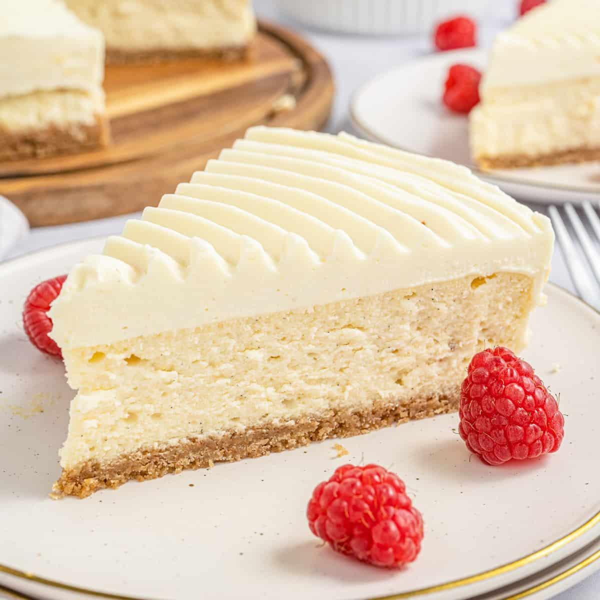 close up of vanilla bean seeds in a creamy cheesecake filling