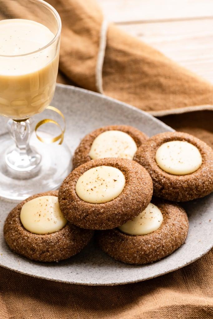 Close-up shot of a single Eggnog Gingerbread Cookie, showcasing its texture and detail