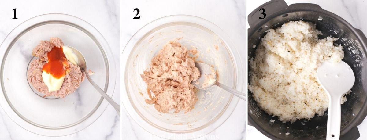 A step-by-step photo showing the preparation of the Spicy Tuna Tagine, from chopping vegetables to simmering the tuna