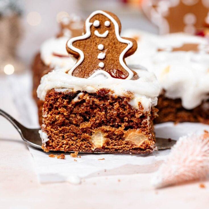 Close-up of a slice of warm apple gingerbread with a dusting of powdered sugar, showing the moist texture and layers.