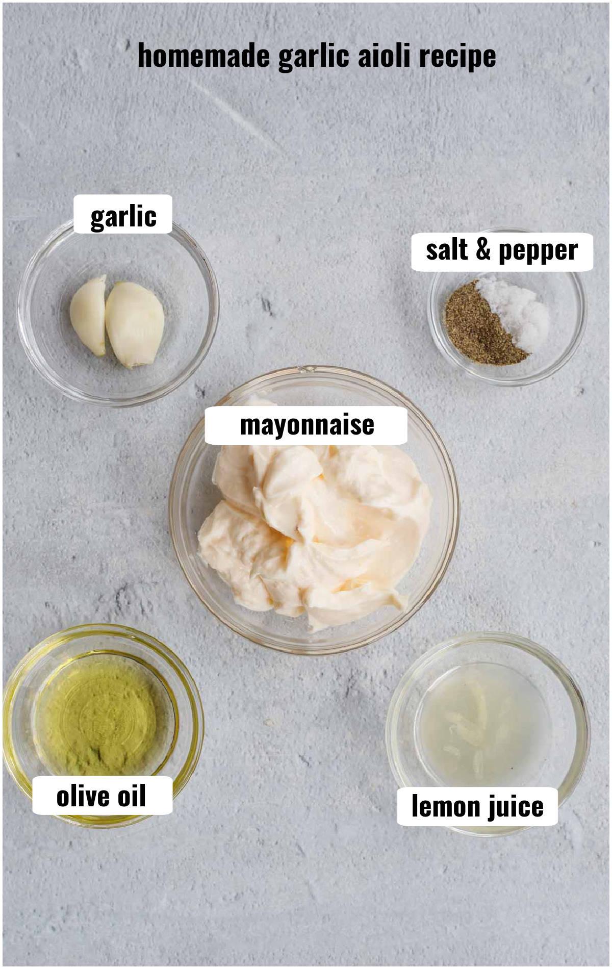 ingredients for garlic aioli laid out on a table