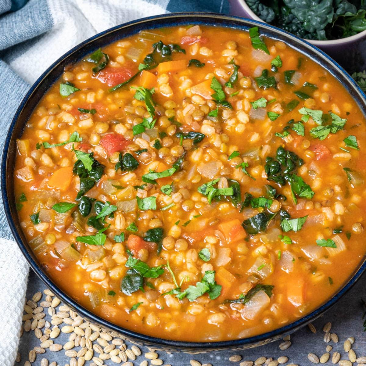 pot of barley lentil soup simmering on the stove