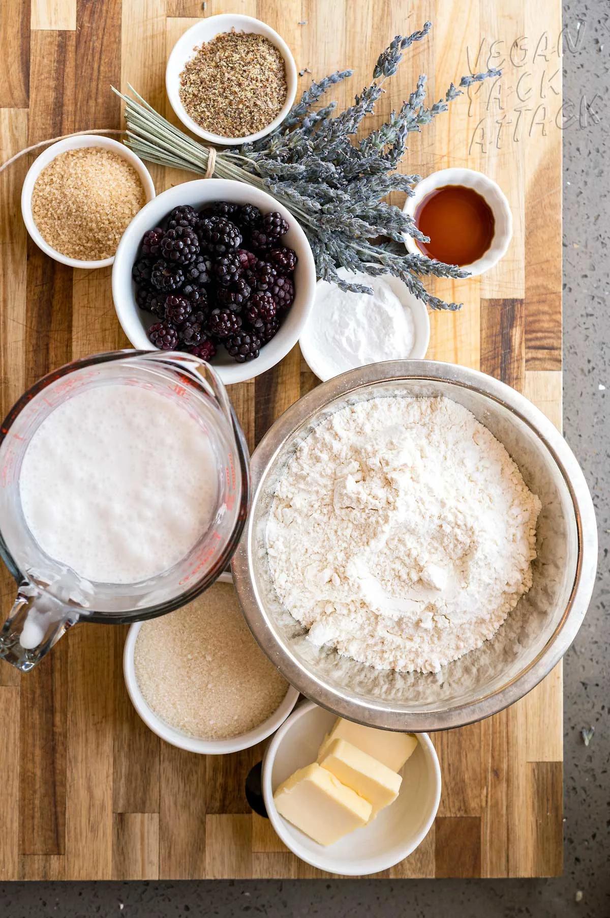 ingredients for blackberry lavender scones laid out on a kitchen counter