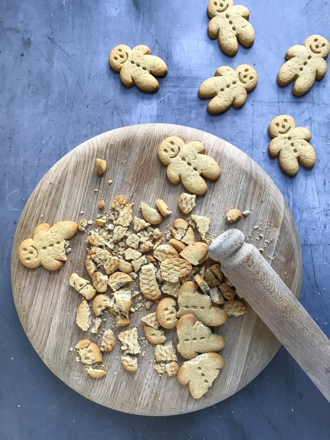 Overhead shot of a gingerbread parfait being assembled