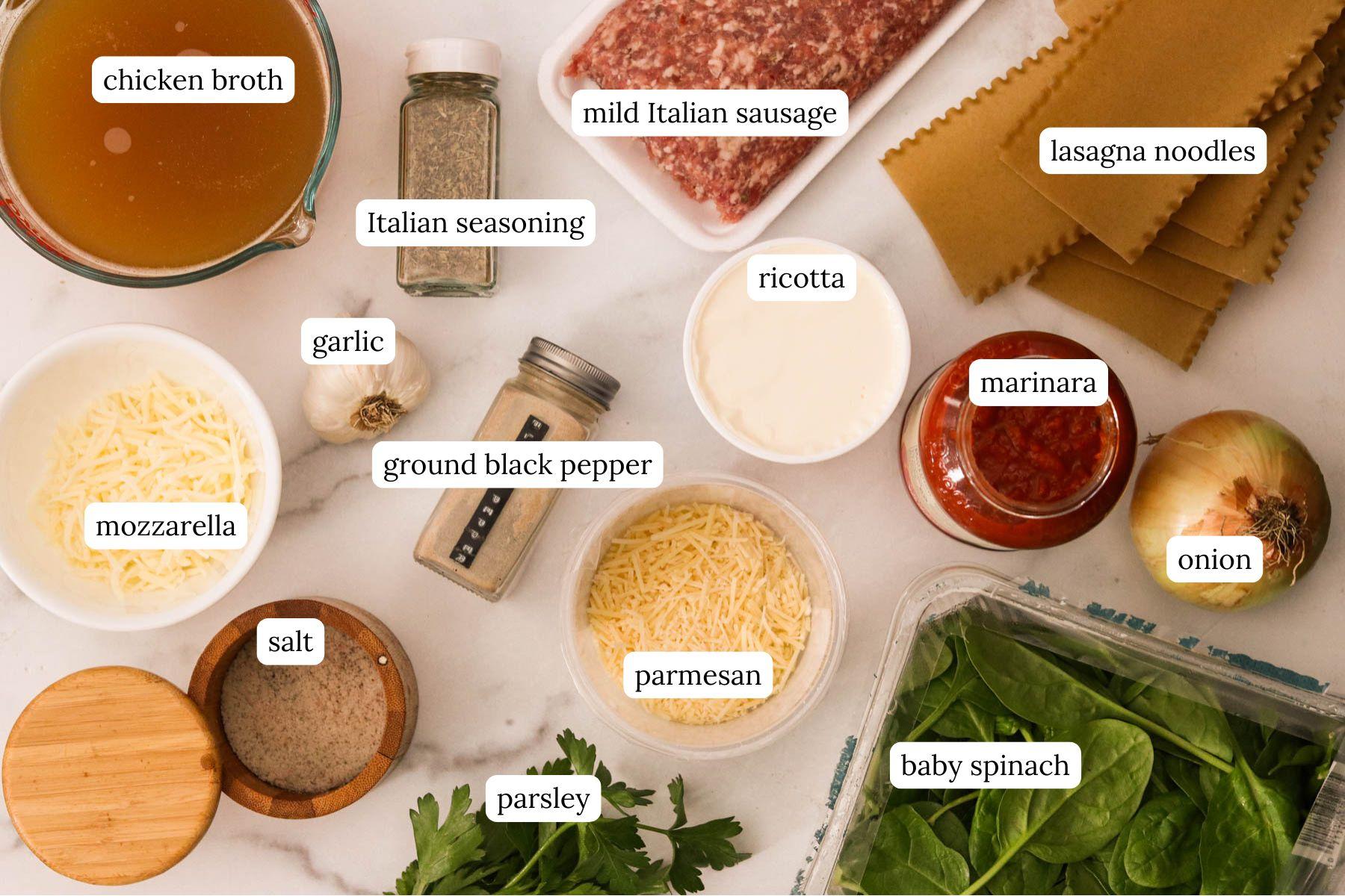 ingredients for lasagna soup laid out on a counter