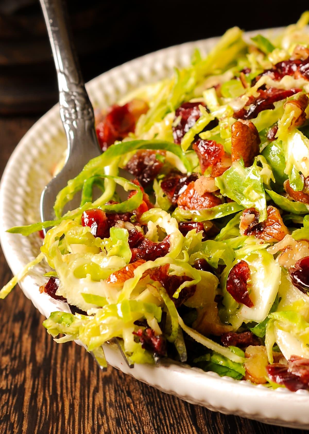 close up shot of a brussels sprouts salad with cranberries and pecans in a glass bowl