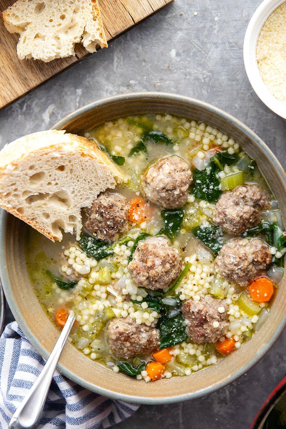 close-up shot of simmering italian wedding soup in a pot