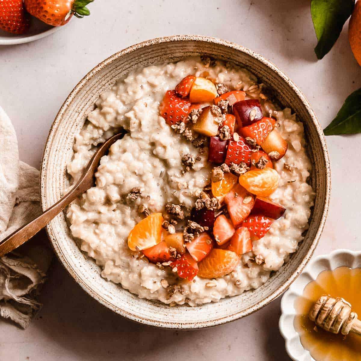 bowl of barley porridge with honey and cinnamon