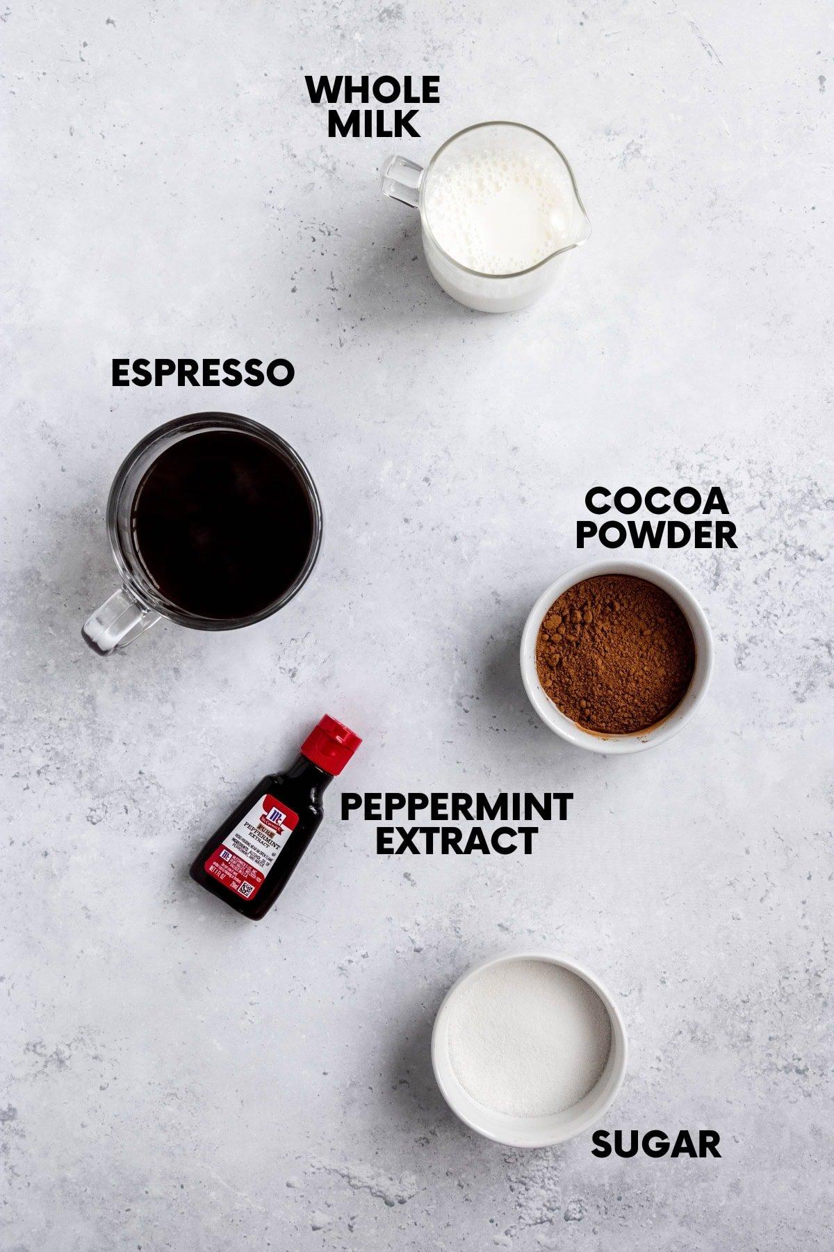 Ingredients for peppermint mocha on a wooden table: cocoa powder, peppermint extract, coffee beans, milk