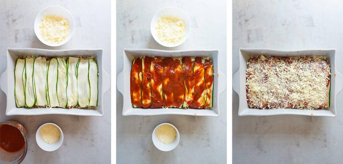 layers of zucchini lasagna being assembled in a baking dish