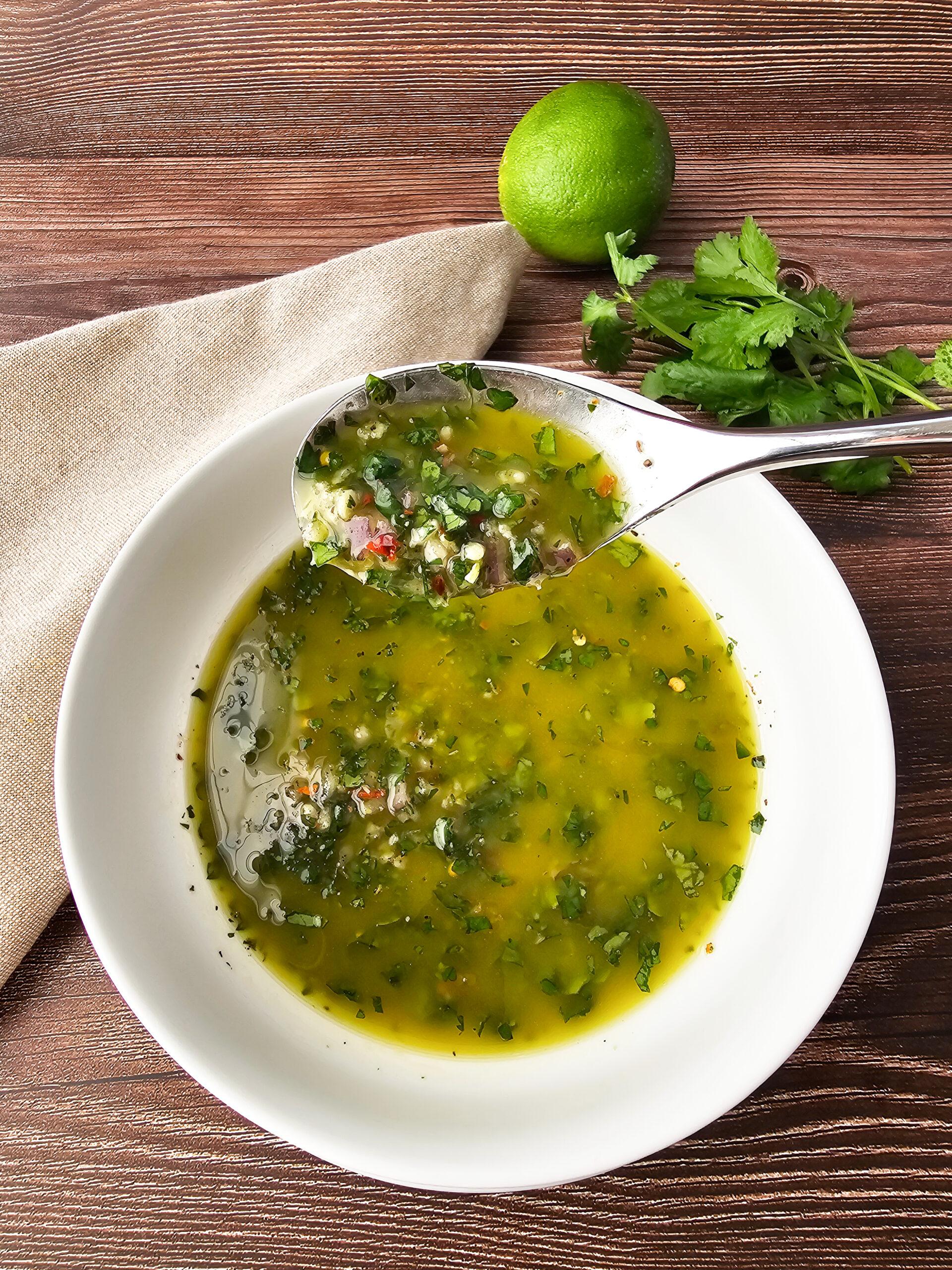 close up shot of cilantro and lime infused olive oil
