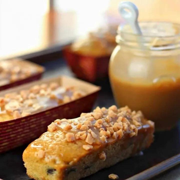 Close-up of baked banana toffee bread with melted toffee visible