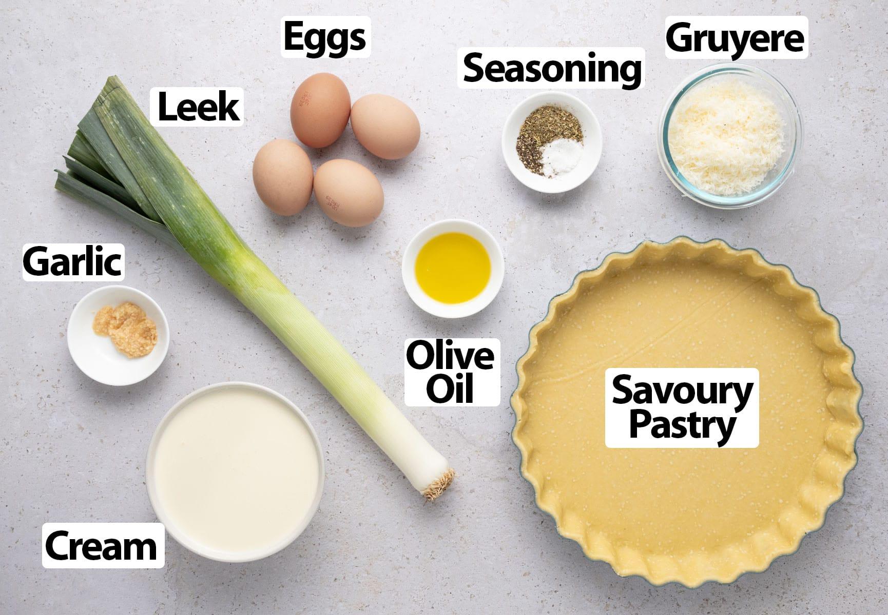Ingredients for Leek and Gruyere Quiche laid out on a kitchen counter