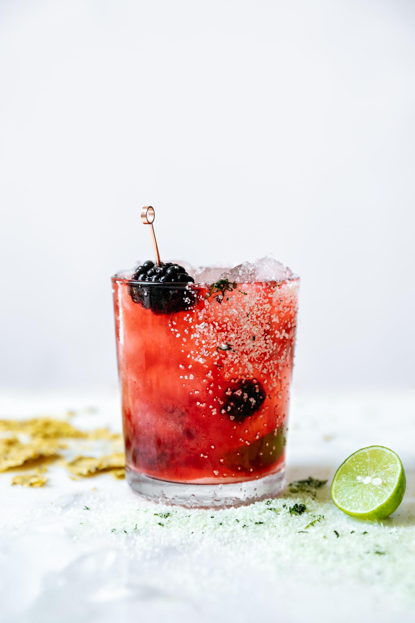 basil margarita in a salted glass