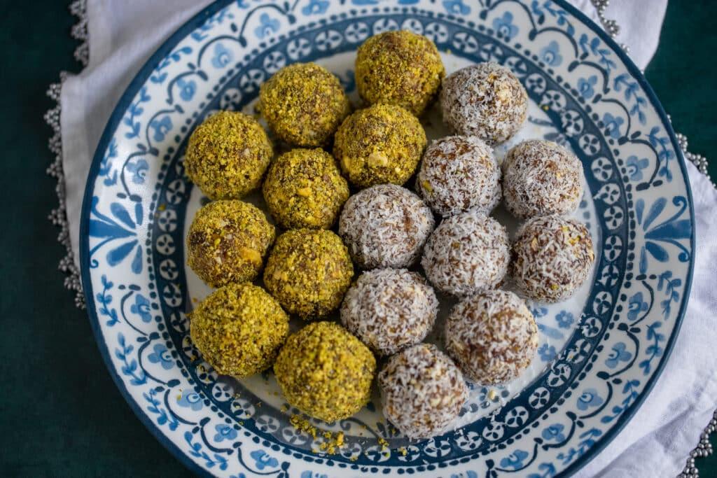 kimchi and date energy balls on a plate