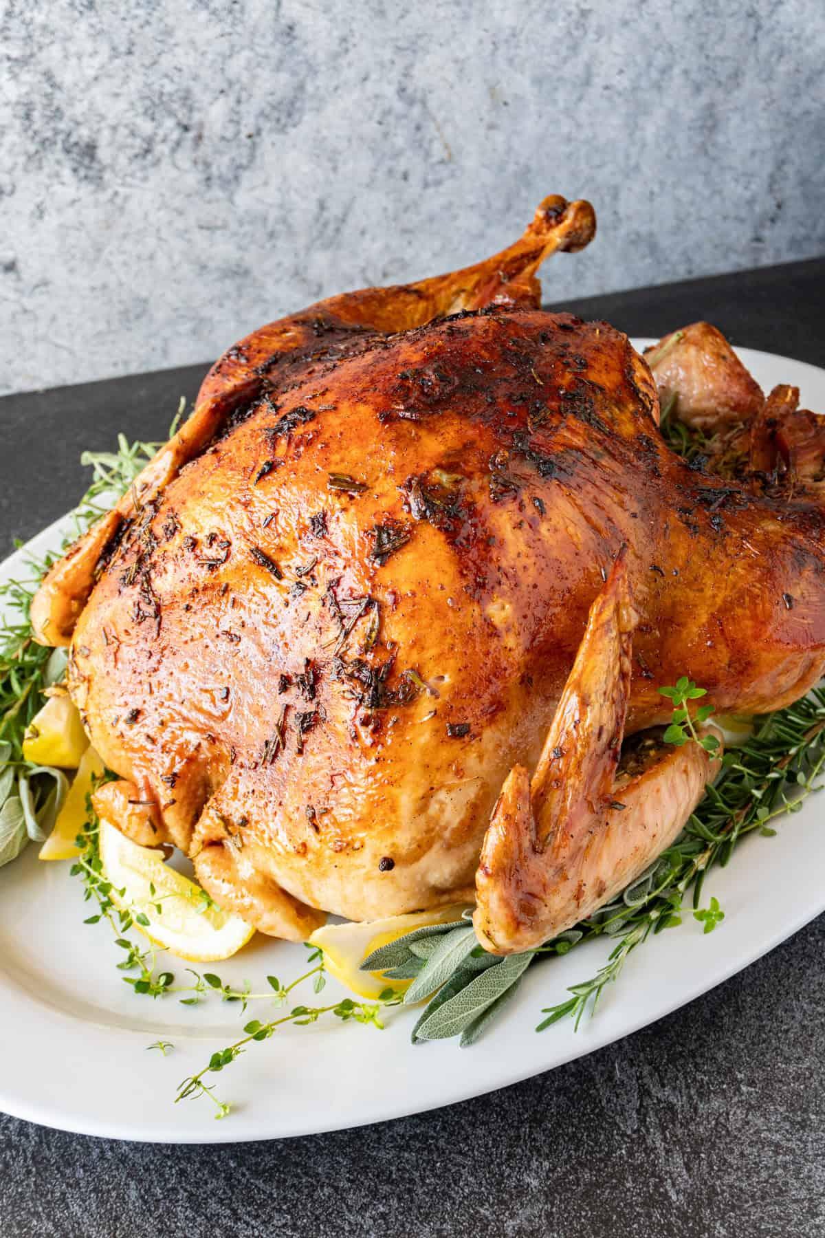 Whole roasted turkey with golden, crispy skin on a platter, basted with butter, surrounded by herbs