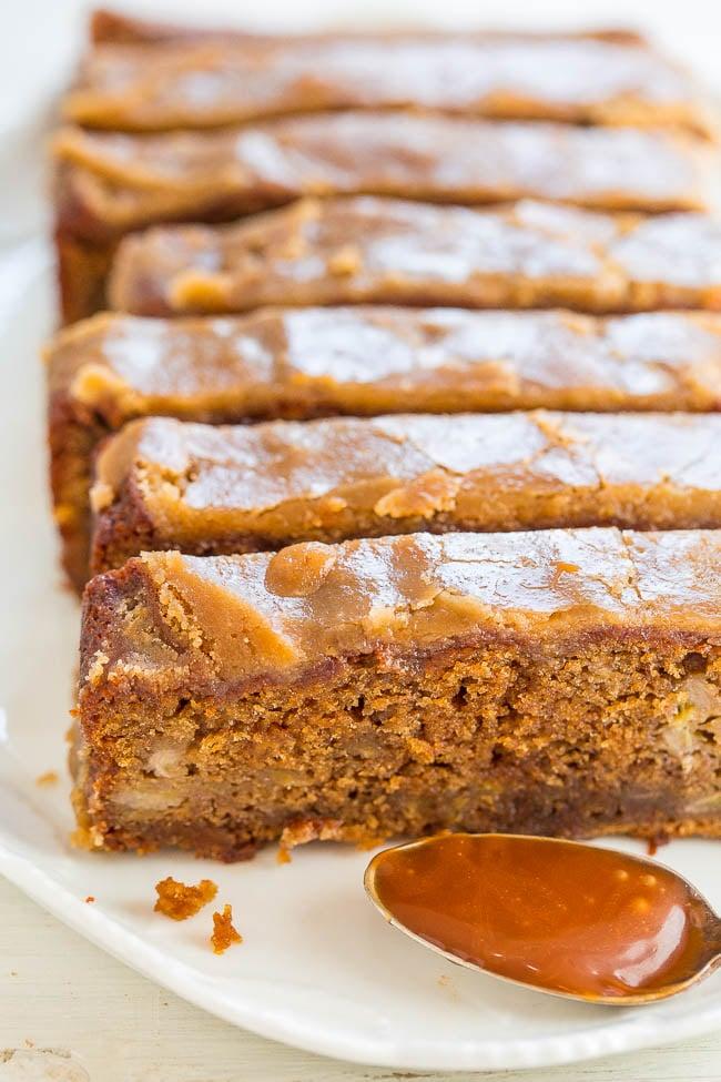 Delicious slice of caramel drizzle banana loaf with a warm cup of coffee