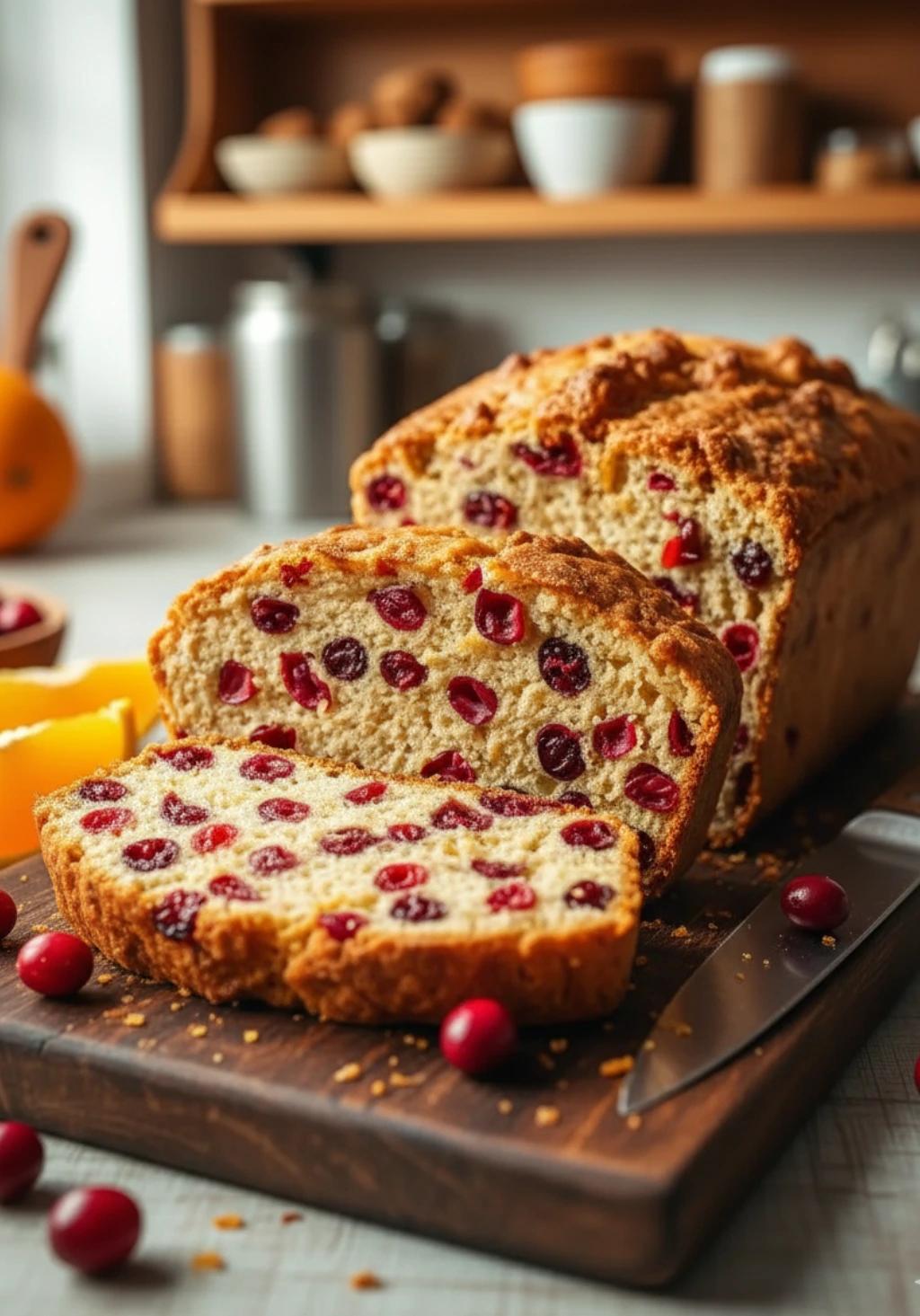stack of cranberry orange bread slices on a rustic wooden board, with a cup of coffee and festive decor in background