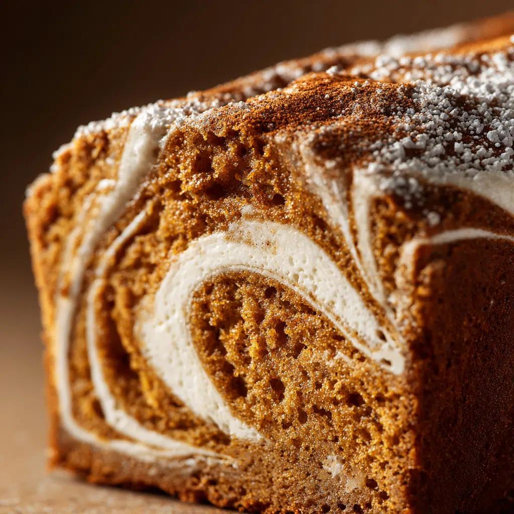 Close-up of baked pumpkin swirl bread loaf on a cooling rack, showing distinct swirled layers