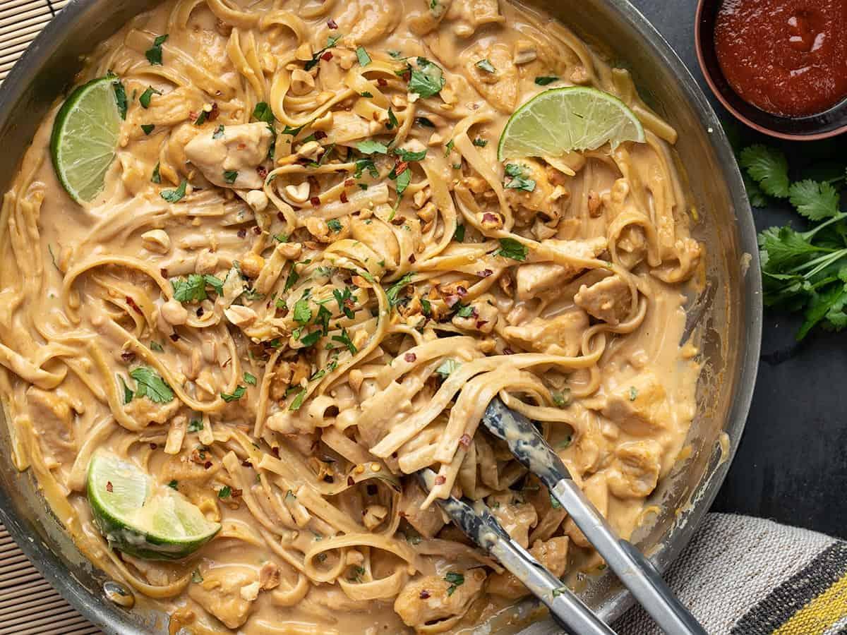 close-up of peanut noodles with chicken and veggies