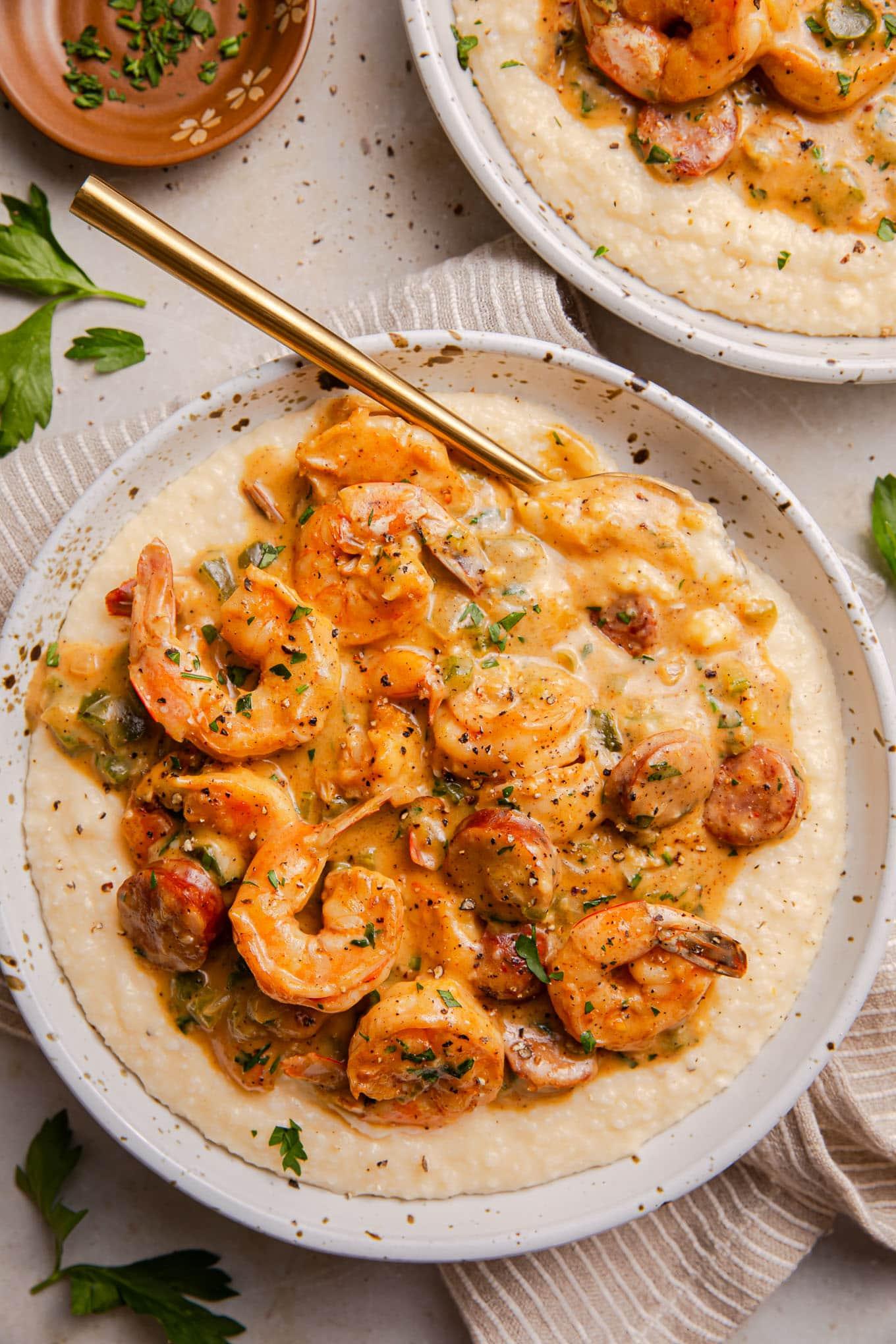 Grits bowl topped with shrimp and creamy gravy