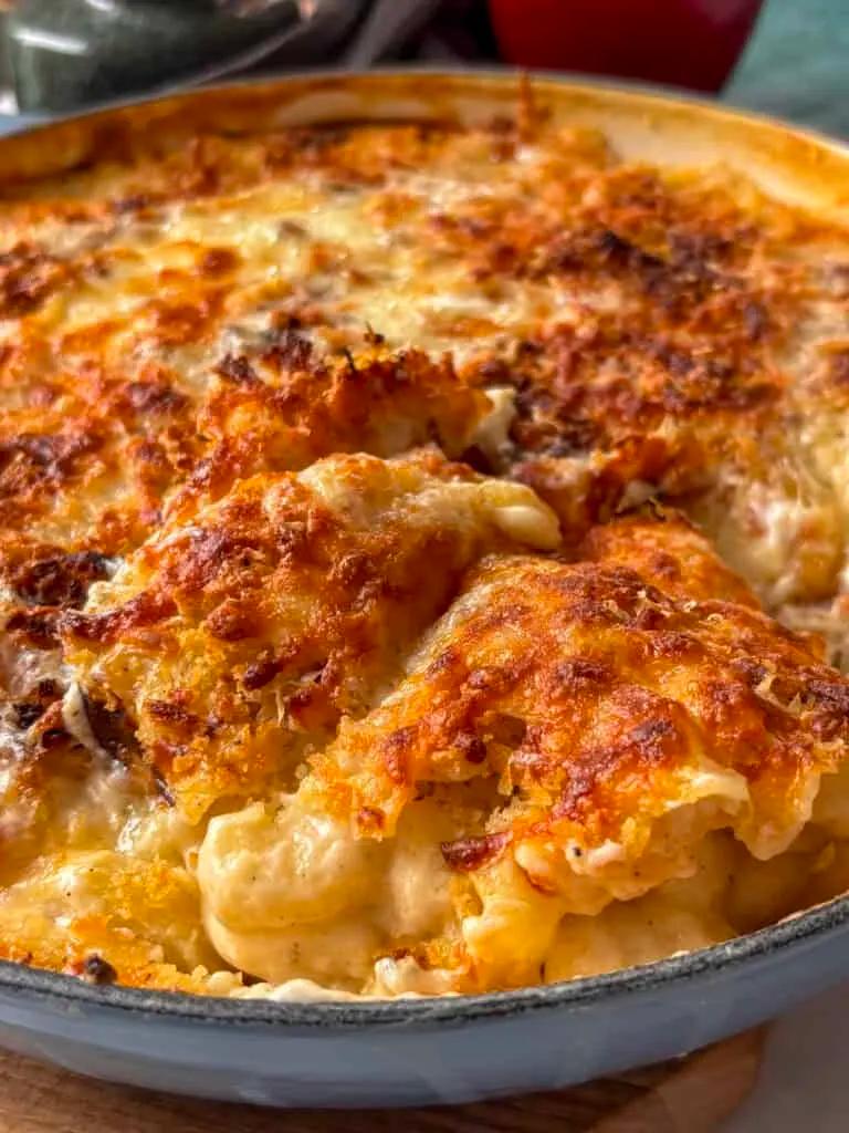 close up shot of mac and cheese pasta bake with golden crust