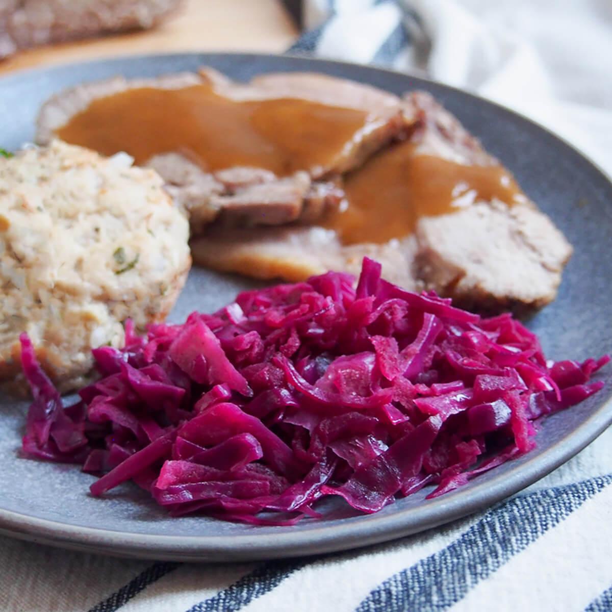 Delicious braised red cabbage with apples and spices, served as a side dish