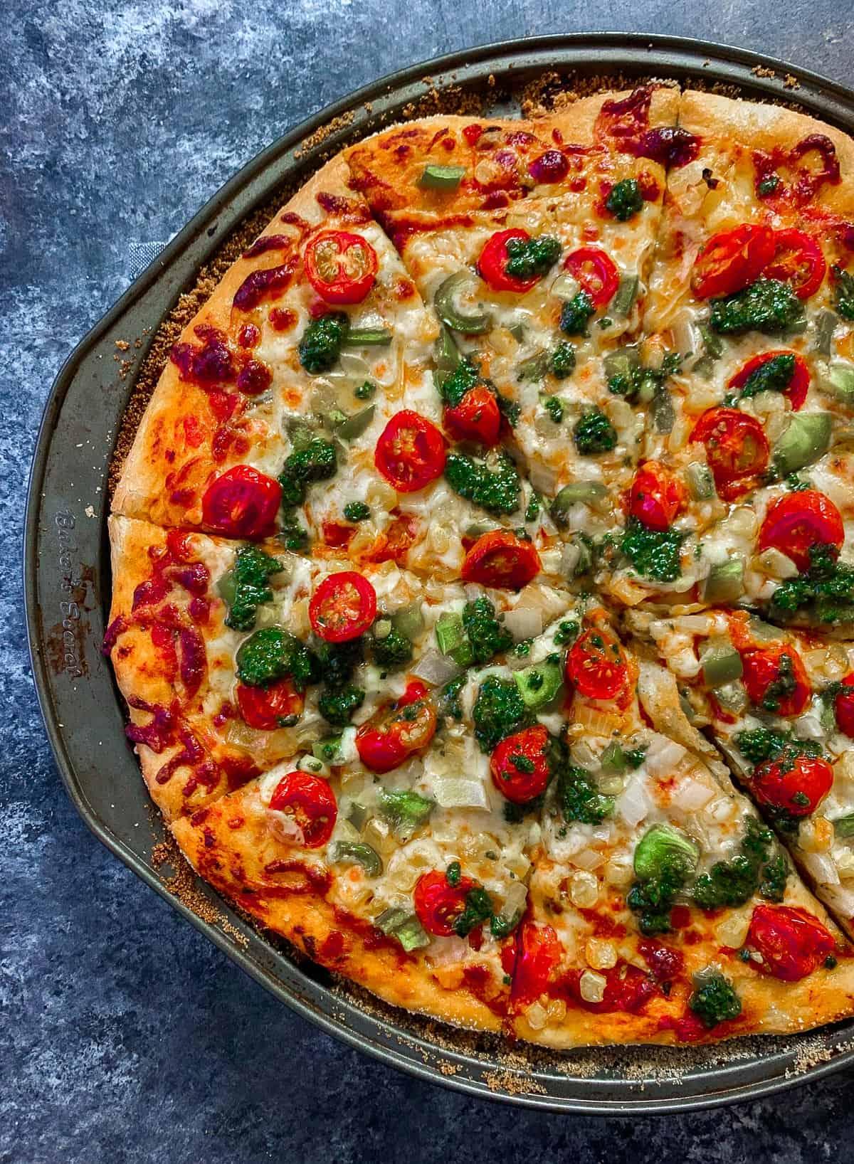homemade whole wheat pizza with pepperoni and mushrooms