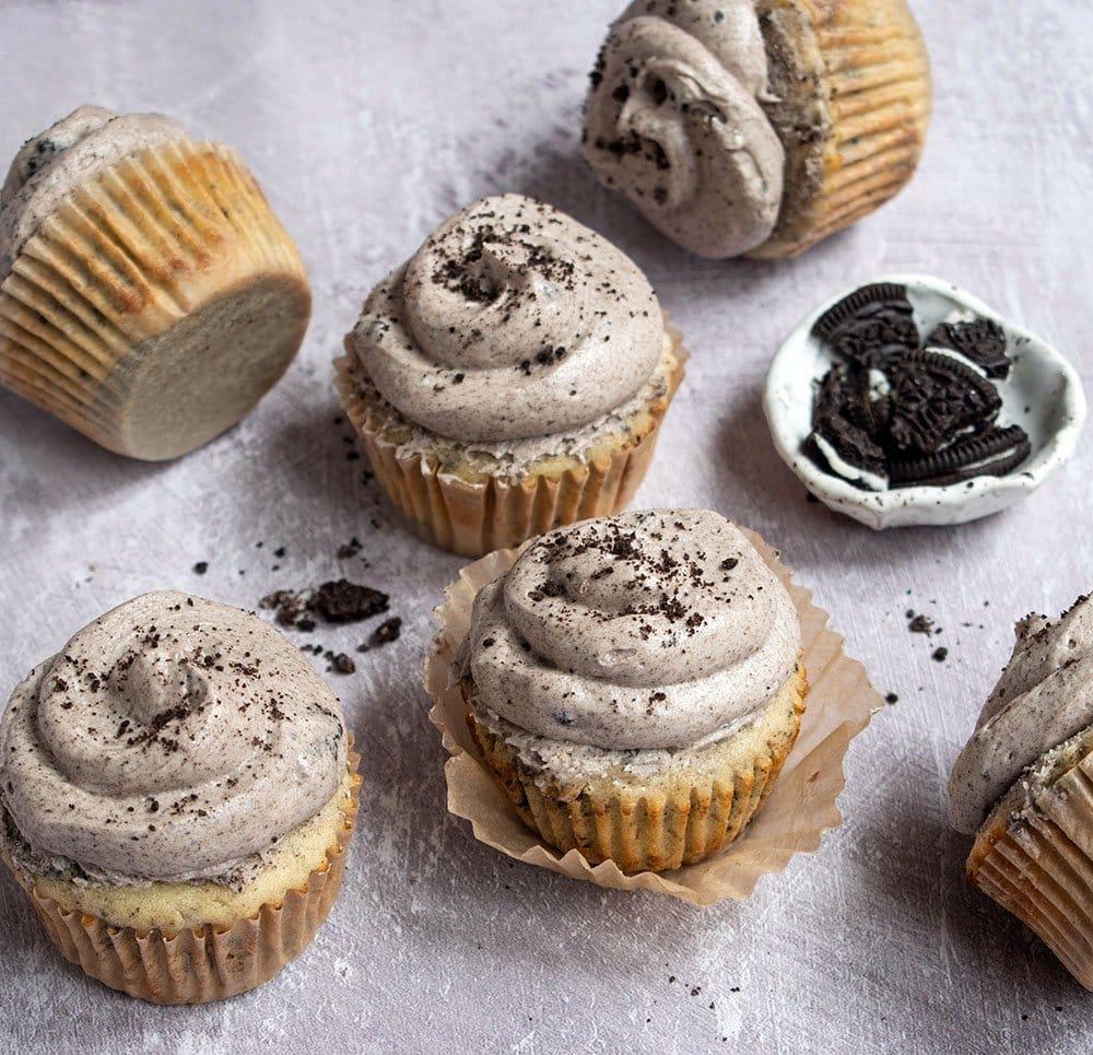 overhead shot of freshly baked cookies and cream ice cream cupcakes