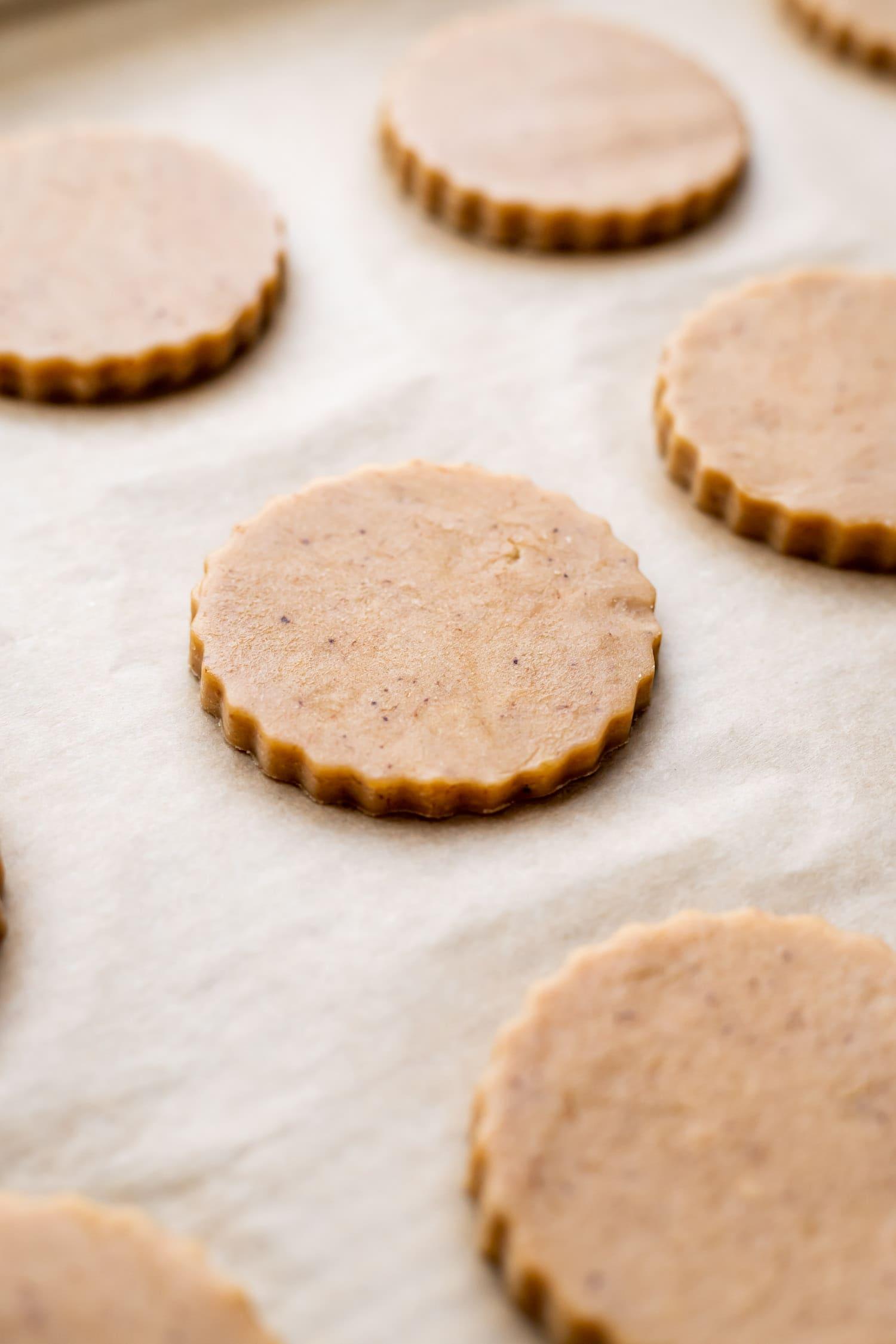 Espresso shortbread cookies on a baking sheet, fresh out of the oven, golden brown edges