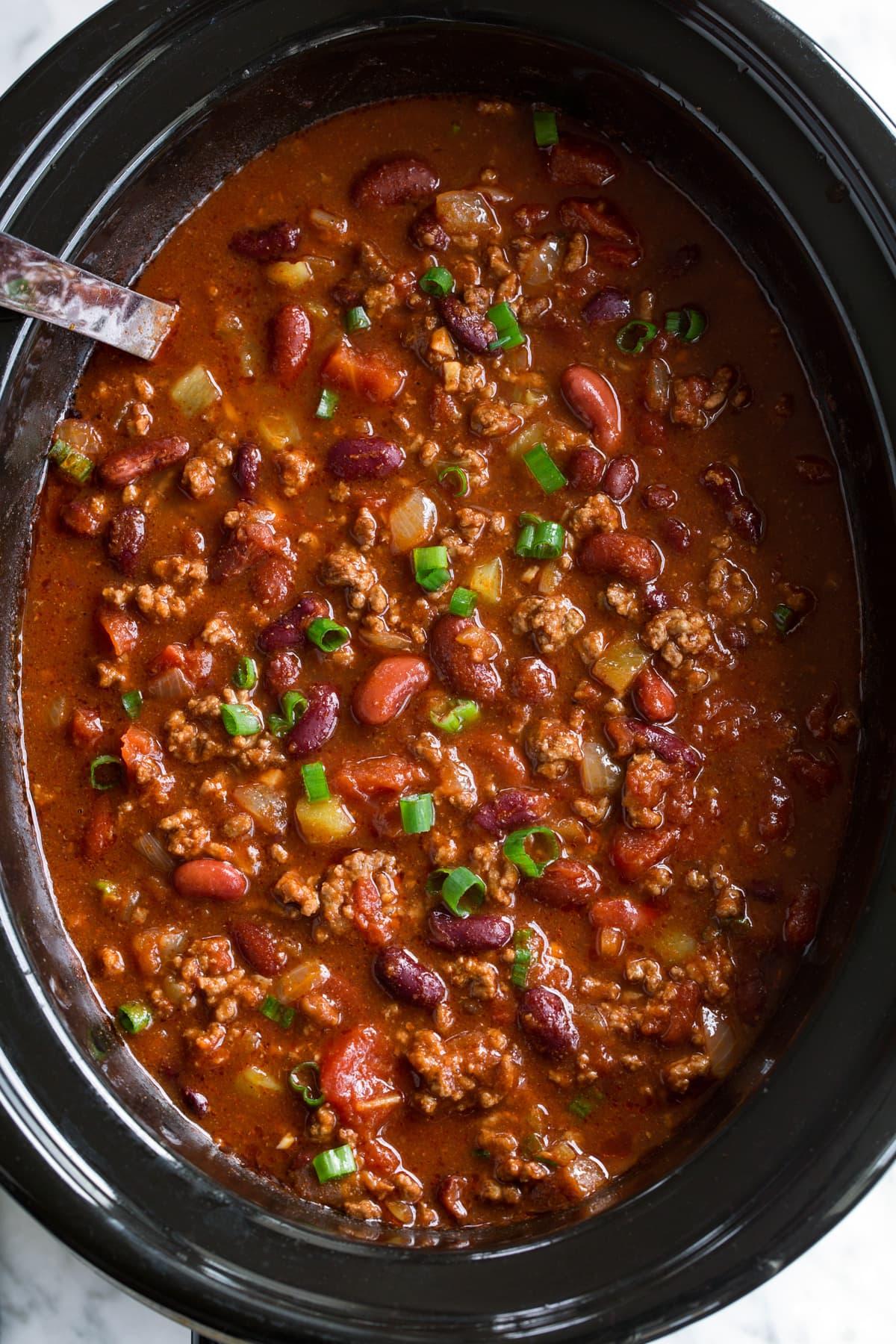 slow cooker full of chili