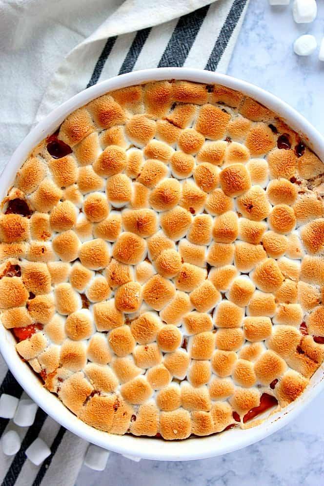 Delicious classic sweet potato casserole with toasted marshmallows on top