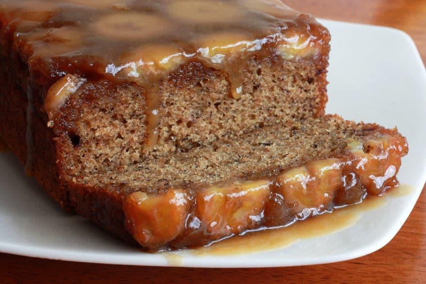 Gourmet caramel banana ripple bread, freshly baked, sliced, with caramel drizzle