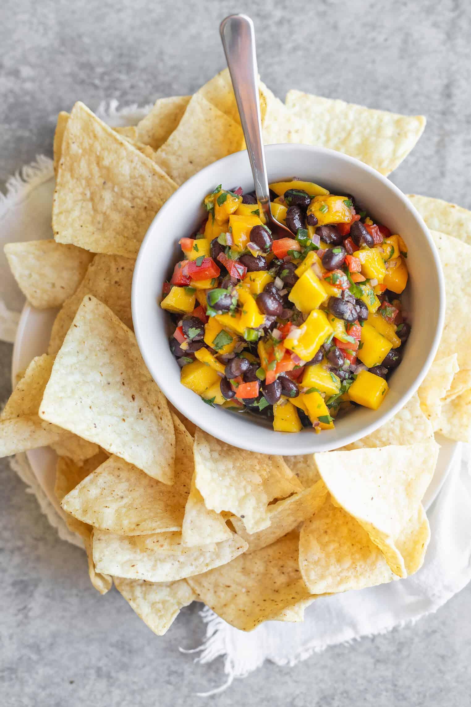 Black bean mango pineapple salsa served with tortilla chips