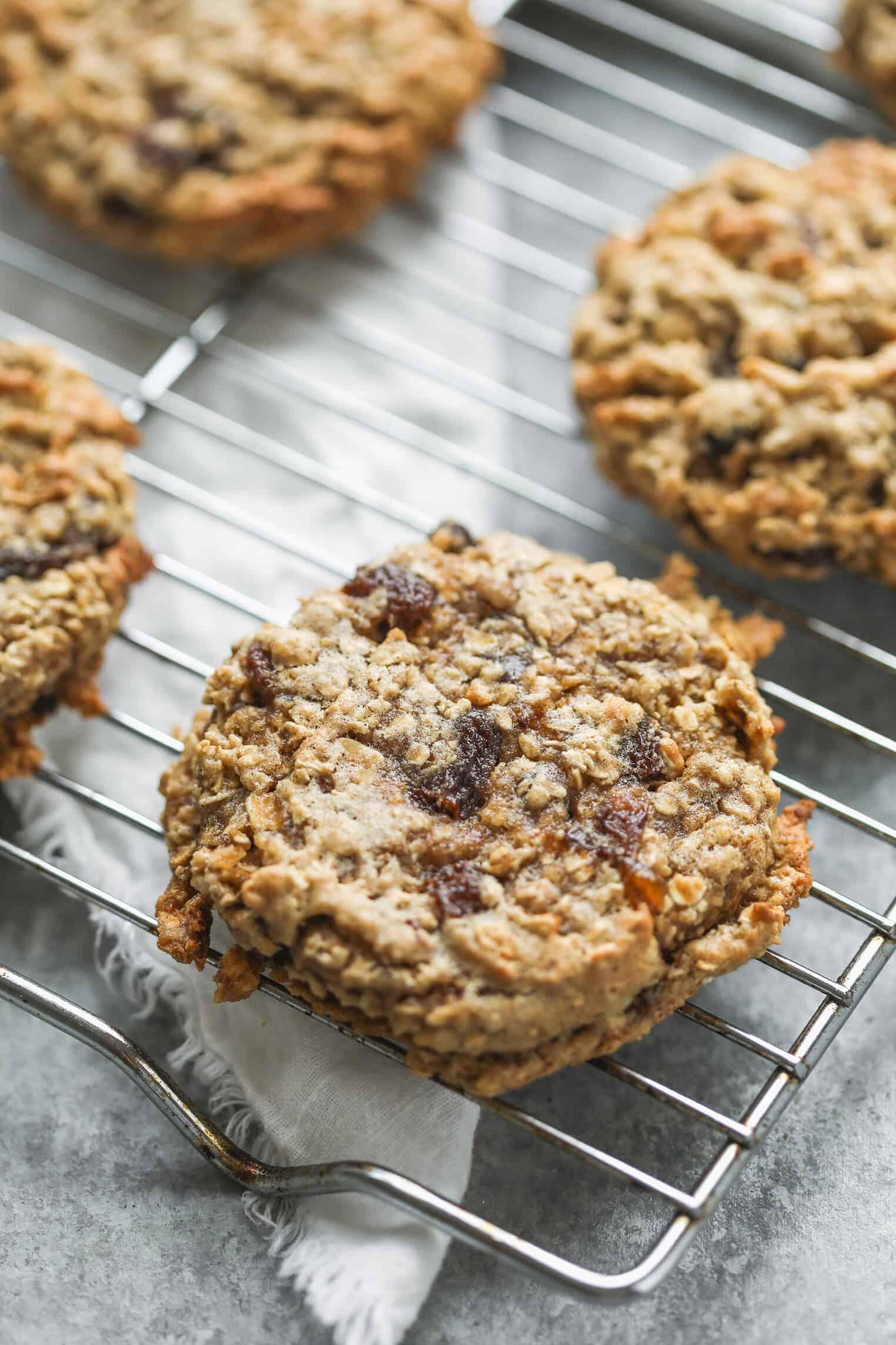 freshly baked chewy oatmeal raisin cookies on a cooling rack, warm golden light
