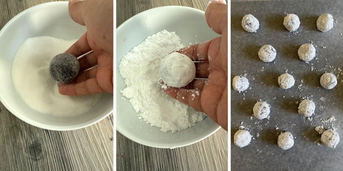 hands sifting powdered sugar over chocolate crinkle cookie dough balls