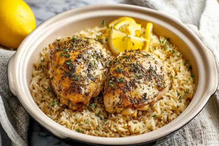 slow cooker lemon herb chicken and rice served in bowl