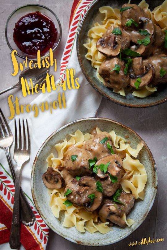 Köttbullar Stroganoff served in a bowl with lingonberry jam