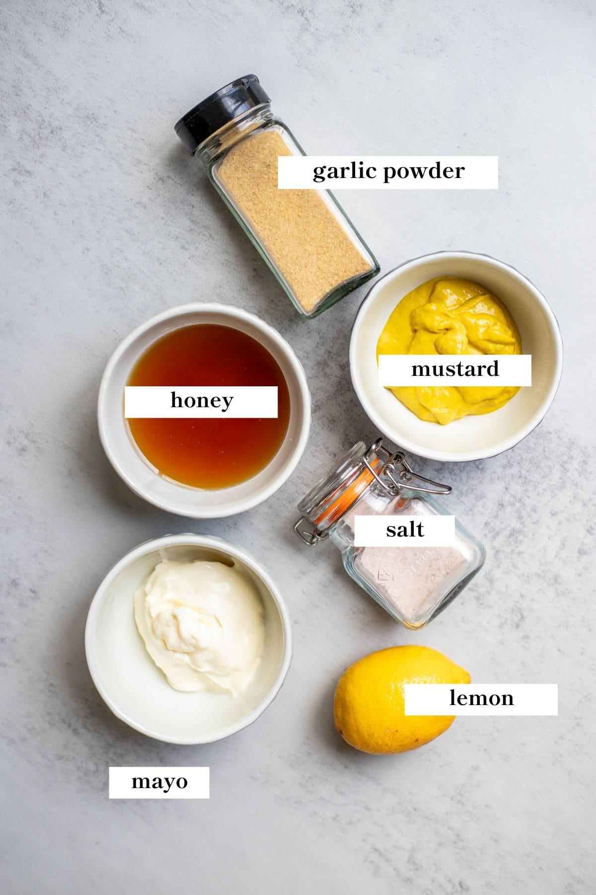 ingredients for honey-mustard dal laid out on a wooden table