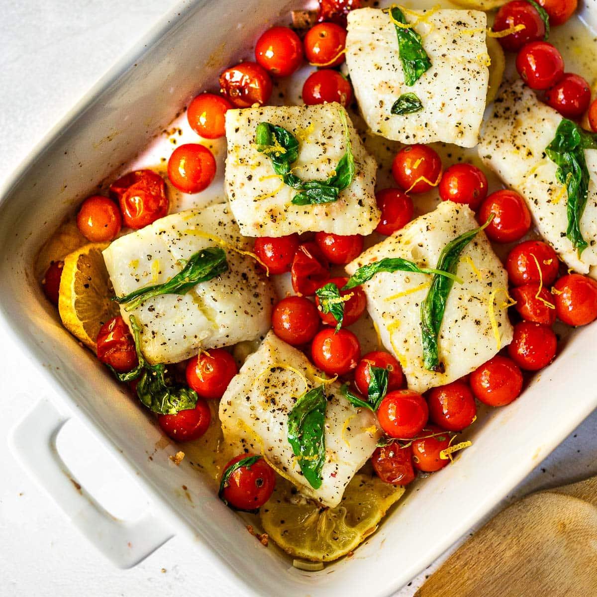 baked cod with creamy tomato and spinach