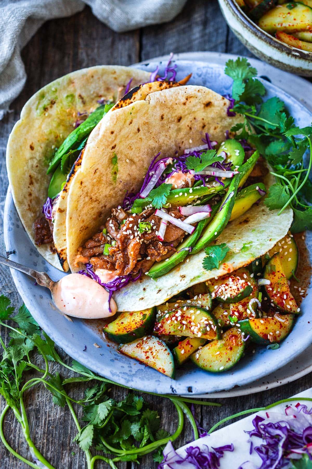 Kimchi waffle tacos with bulgogi and gochujang mayo