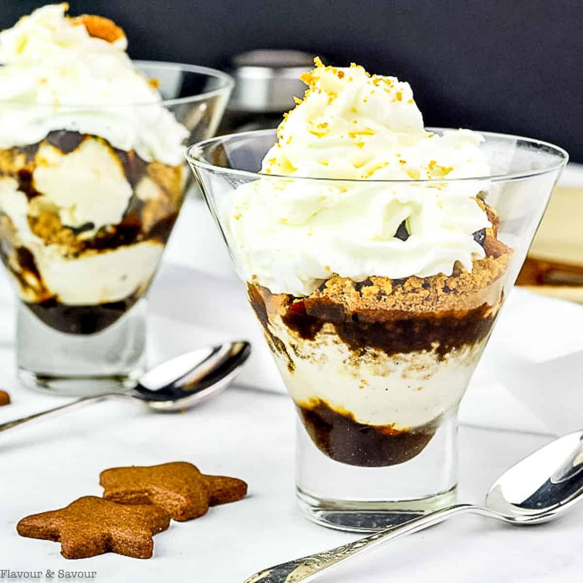 Close-up shot of a finished gingerbread parfait with a spoon