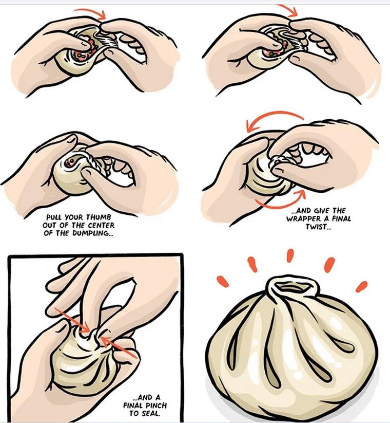 hands demonstrating how to fold and seal a lamb kofta dumpling