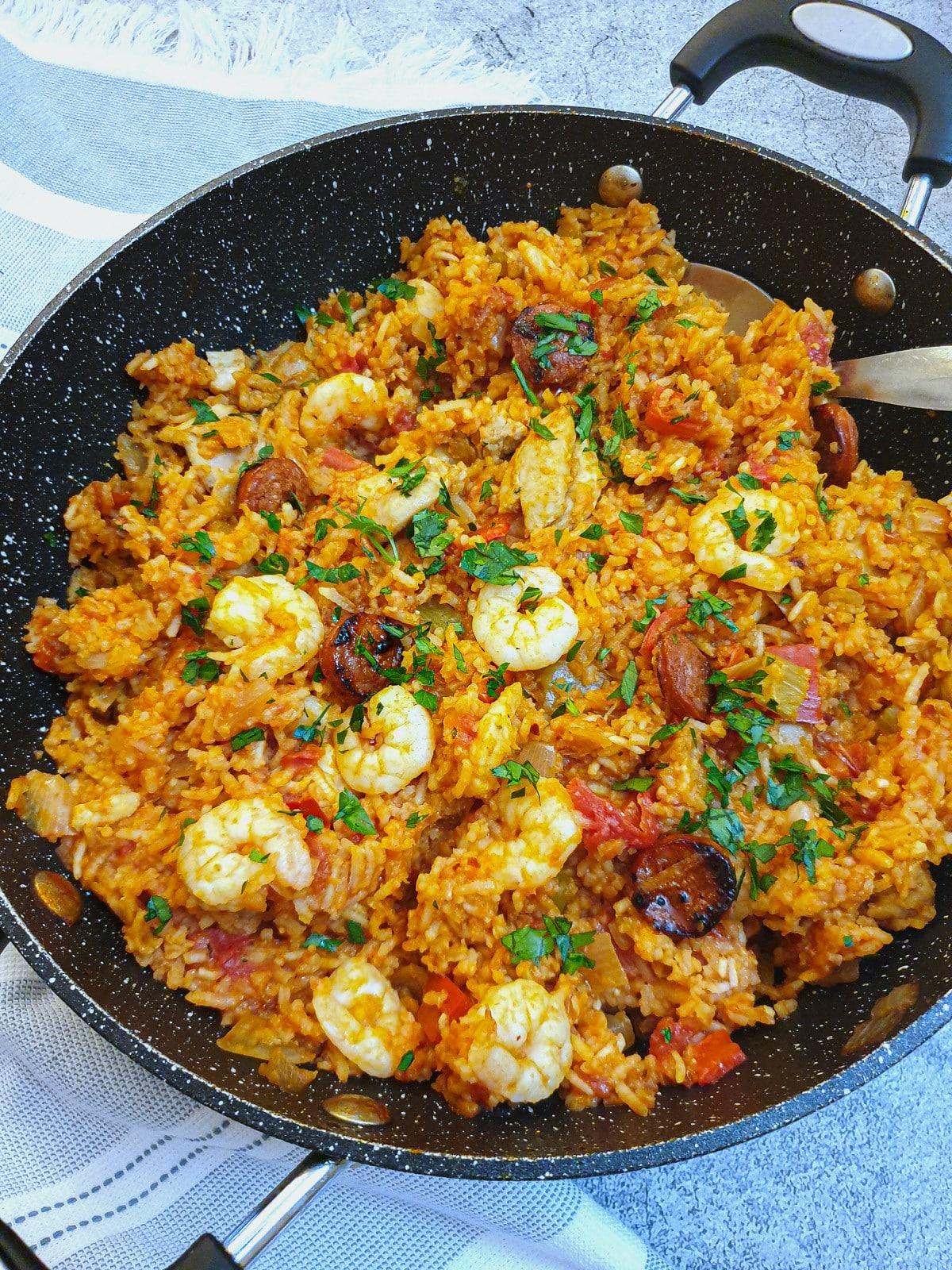 Overhead shot of Kimchi Jambalaya simmering in a pot