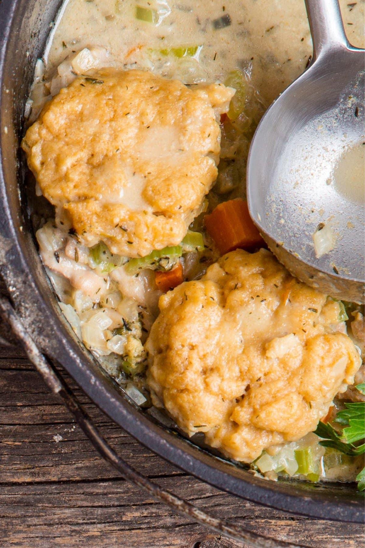Close-up of fluffy biscuit dumplings simmering in a creamy chicken stew in a Dutch oven.